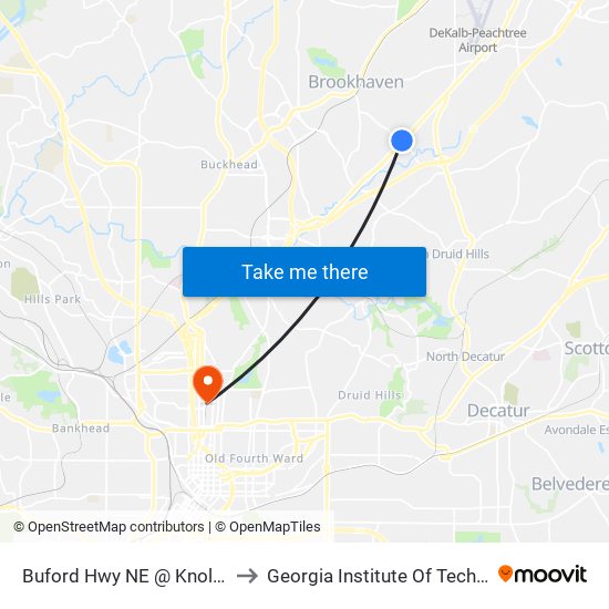 Buford Hwy NE @ Knoll Pl NE to Georgia Institute Of Technology map