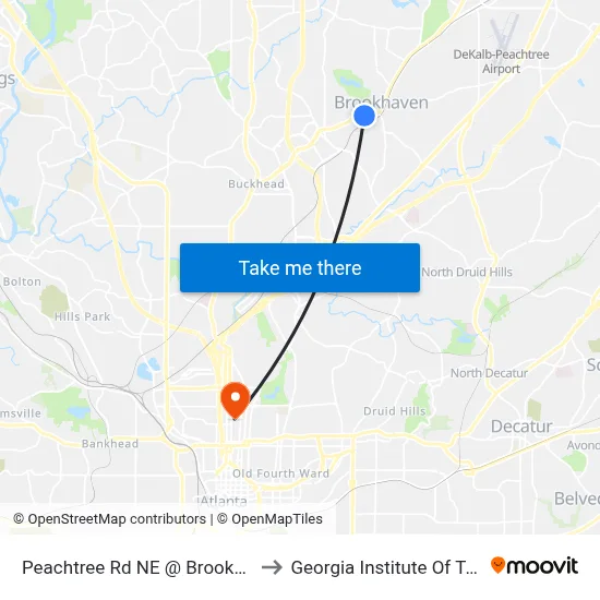 Peachtree Rd NE @ Brookhaven Dr NE to Georgia Institute Of Technology map