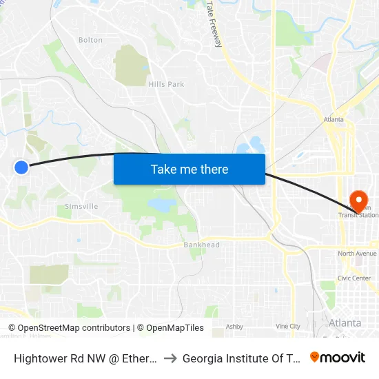 Hightower Rd NW @ Etheridge Dr NW to Georgia Institute Of Technology map