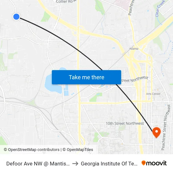 Defoor Ave NW @ Mantissa St NW to Georgia Institute Of Technology map