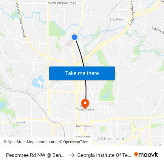 Peachtree Rd NW @ Bennett St NW to Georgia Institute Of Technology map