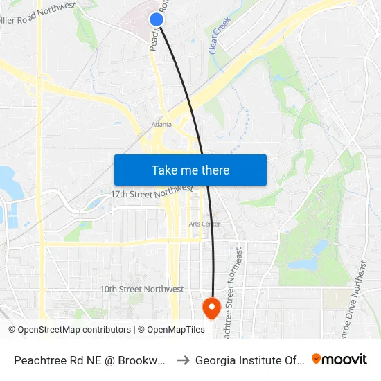 Peachtree Rd NE @ Brookwood Valley Cir NE to Georgia Institute Of Technology map