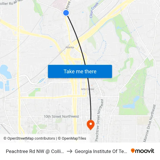 Peachtree Rd NW @ Collier Rd NW to Georgia Institute Of Technology map