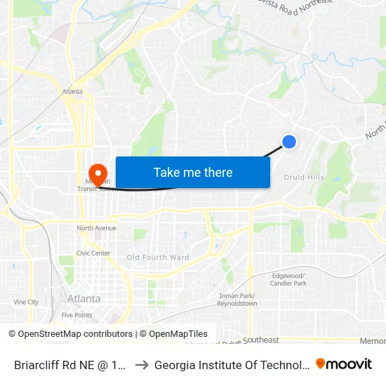Briarcliff Rd NE @ 1255 to Georgia Institute Of Technology map