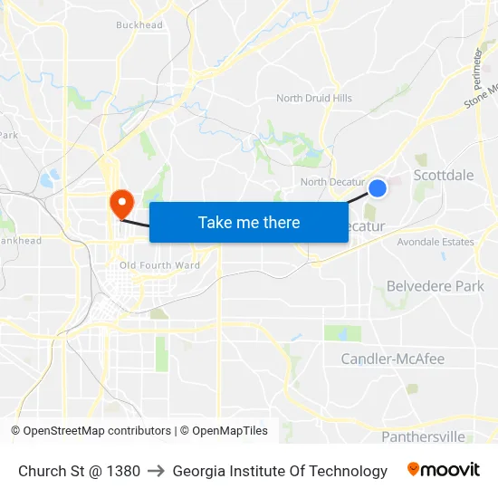 Church St @ 1380 to Georgia Institute Of Technology map