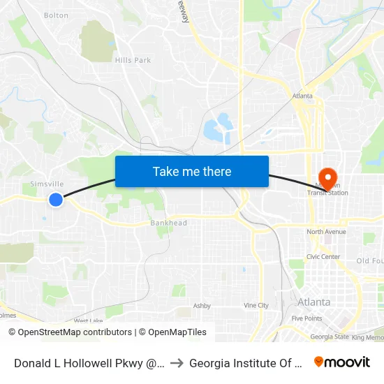 Donald L Hollowell Pkwy @ Emily Pl NW to Georgia Institute Of Technology map