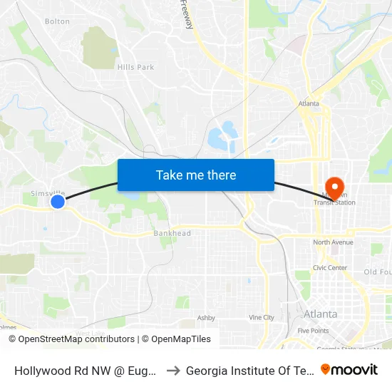 Hollywood Rd NW @ Eugenia Pl NW to Georgia Institute Of Technology map