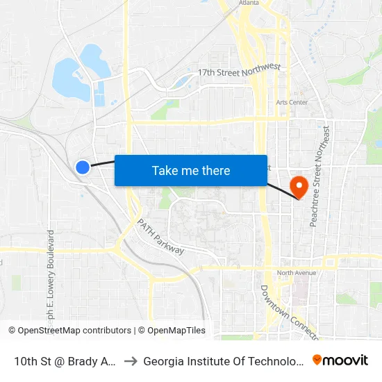10th St @ Brady Ave to Georgia Institute Of Technology map
