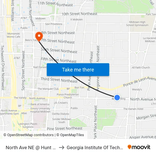 North Ave NE @ Hunt St NE to Georgia Institute Of Technology map