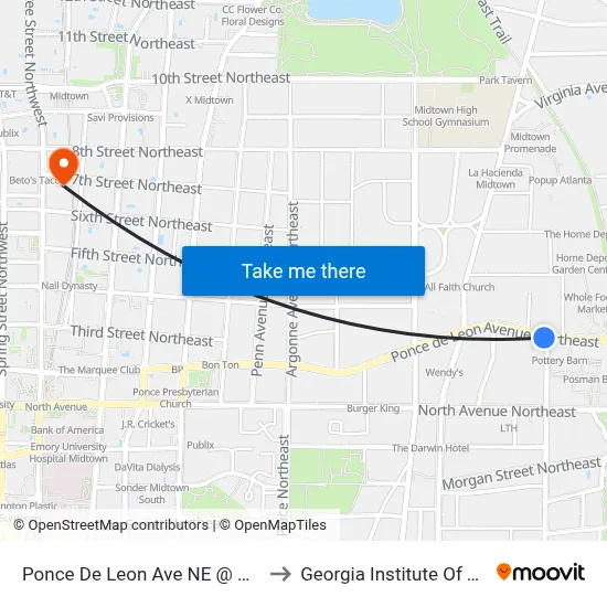 Ponce De Leon Ave NE @ Glen Iris Dr NE to Georgia Institute Of Technology map