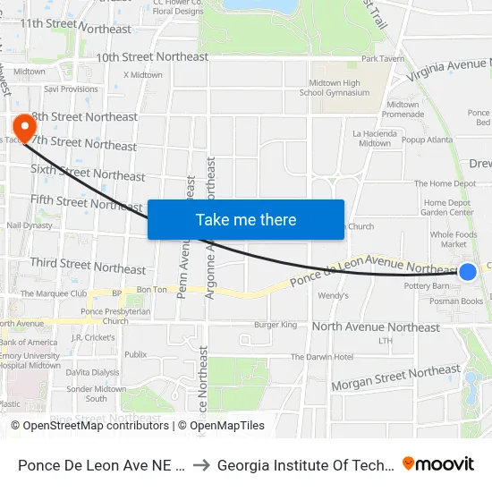 Ponce De Leon Ave NE @ 675 to Georgia Institute Of Technology map