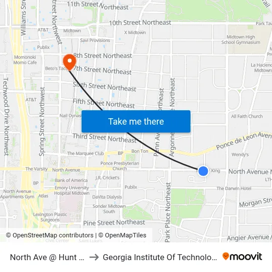 North Ave @ Hunt St to Georgia Institute Of Technology map