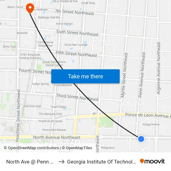 North Ave @ Penn Ave to Georgia Institute Of Technology map