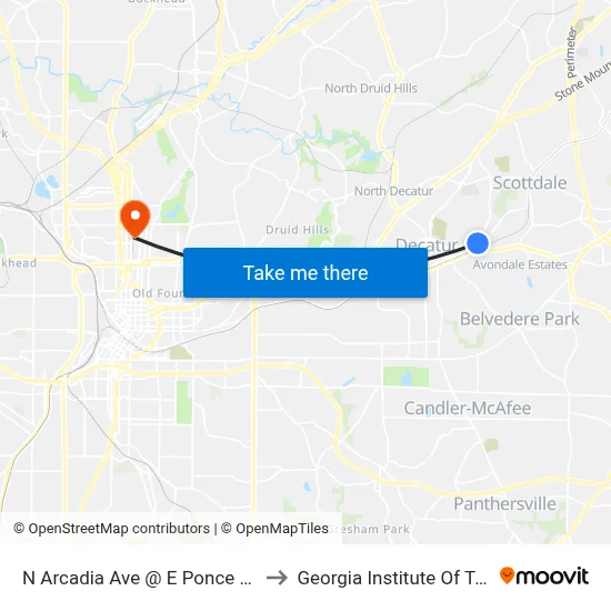 N Arcadia Ave @ E Ponce De Leon Ave to Georgia Institute Of Technology map