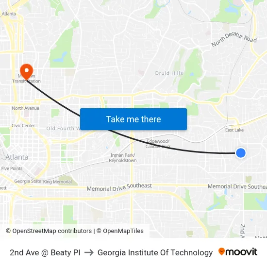 2nd Ave @ Beaty Pl to Georgia Institute Of Technology map