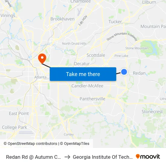 Redan Rd @ Autumn Crest Dr to Georgia Institute Of Technology map