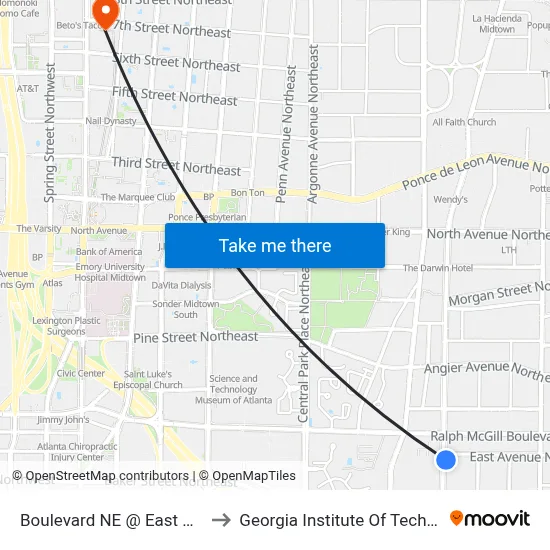 Boulevard NE @ East Ave NE to Georgia Institute Of Technology map