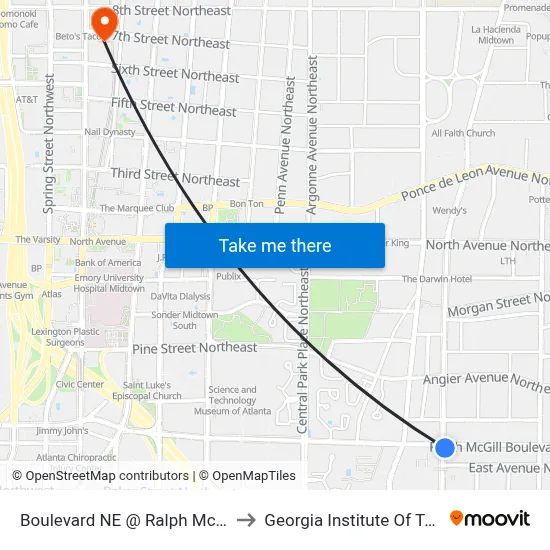 Boulevard NE @ Ralph Mcgill Blvd NE to Georgia Institute Of Technology map