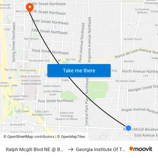 Ralph Mcgill Blvd NE @ Boulevard NE to Georgia Institute Of Technology map