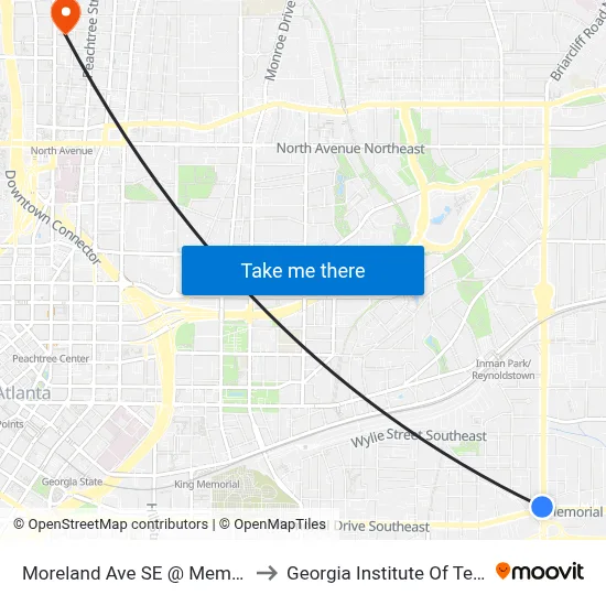 Moreland Ave SE @ Memorial Dr SE to Georgia Institute Of Technology map