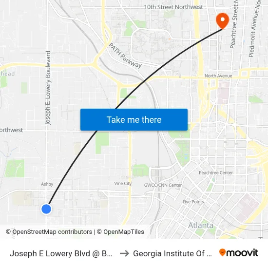 Joseph E Lowery Blvd @ Beckwith St SW to Georgia Institute Of Technology map