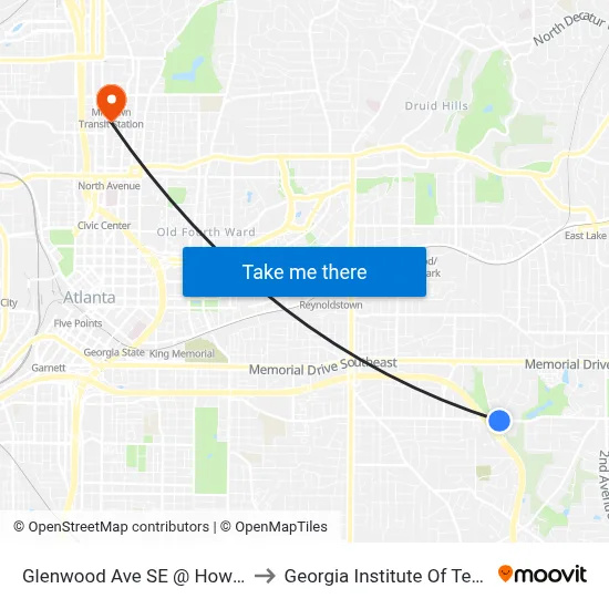 Glenwood Ave SE @ Howard St SE to Georgia Institute Of Technology map