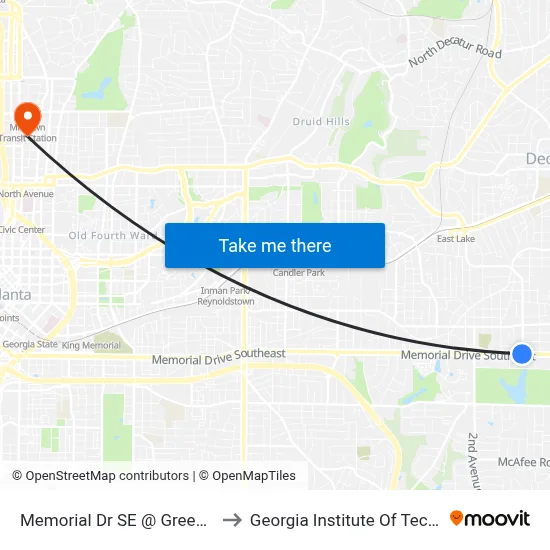 Memorial Dr SE @ Green Ave SE to Georgia Institute Of Technology map