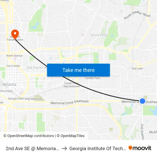 2nd Ave SE @ Memorial Dr SE to Georgia Institute Of Technology map