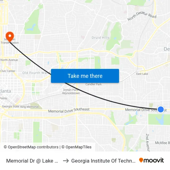Memorial Dr @ Lake Dr SE to Georgia Institute Of Technology map
