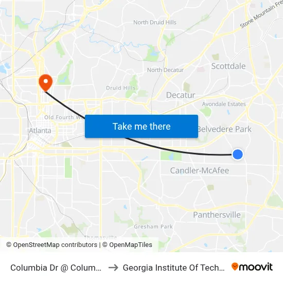 Columbia Dr @ Columbia Cir to Georgia Institute Of Technology map