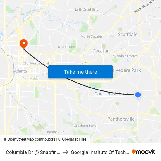 Columbia Dr @ Snapfinger Rd to Georgia Institute Of Technology map
