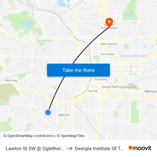 Lawton St SW @ Oglethorpe Ave SW to Georgia Institute Of Technology map