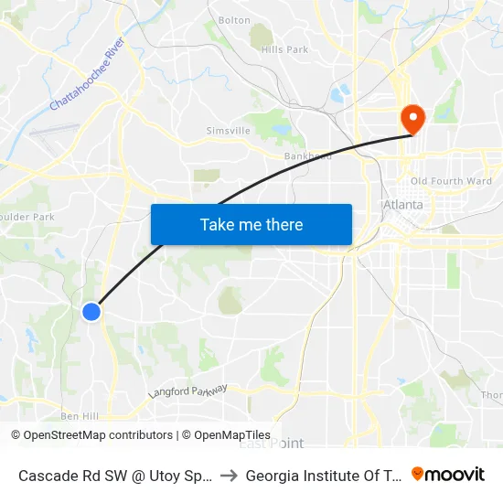 Cascade Rd SW @ Utoy Springs Rd SW to Georgia Institute Of Technology map