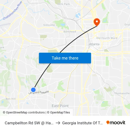 Campbellton Rd SW @ Harbin Rd SW to Georgia Institute Of Technology map