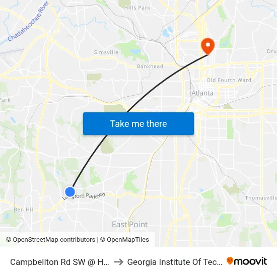 Campbellton Rd SW @ Harbin Rd to Georgia Institute Of Technology map