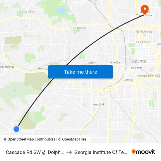 Cascade Rd SW @ Dolphin Dr SW to Georgia Institute Of Technology map