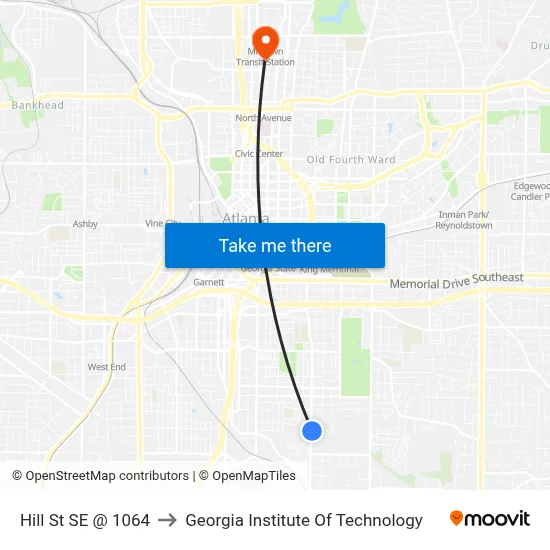 Hill St SE @ 1064 to Georgia Institute Of Technology map