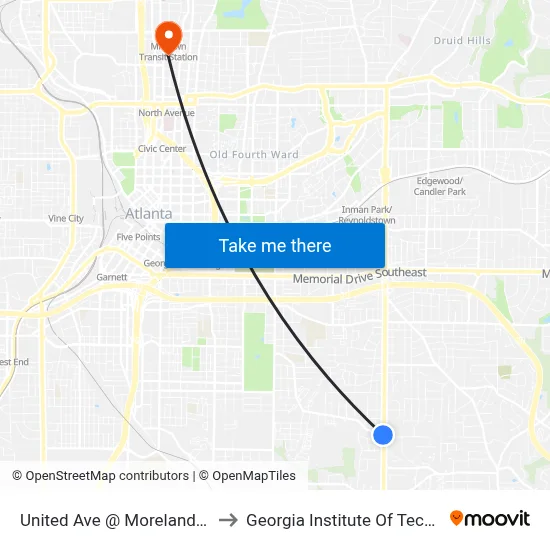 United Ave @ Moreland Ave SE to Georgia Institute Of Technology map