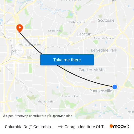 Columbia Dr @ Columbia Crossing Dr to Georgia Institute Of Technology map