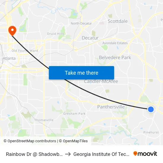 Rainbow Dr @ Shadowbrook Dr to Georgia Institute Of Technology map