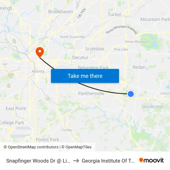 Snapfinger Woods Dr @ Lithonia Way to Georgia Institute Of Technology map