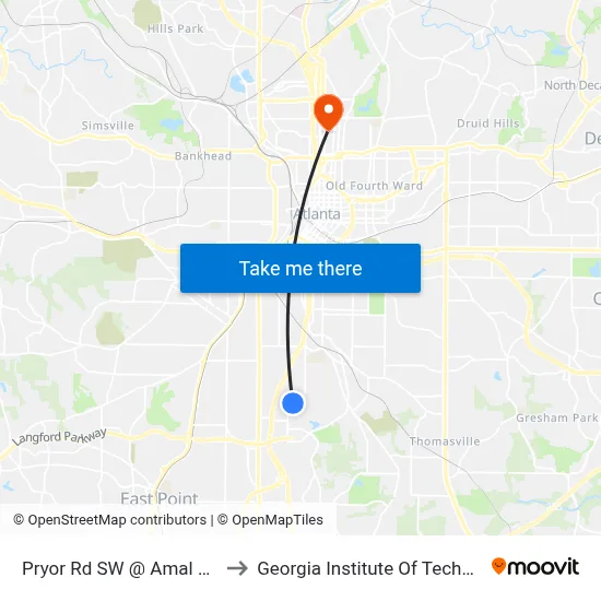 Pryor Rd SW @ Amal Dr SW to Georgia Institute Of Technology map
