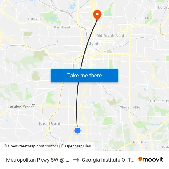 Metropolitan Pkwy SW @ Steve Dr SW to Georgia Institute Of Technology map