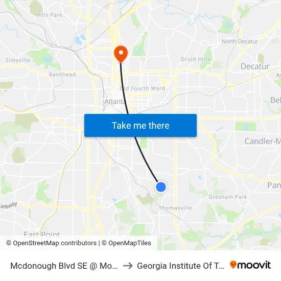 Mcdonough Blvd SE @ Moreland Dr SE to Georgia Institute Of Technology map