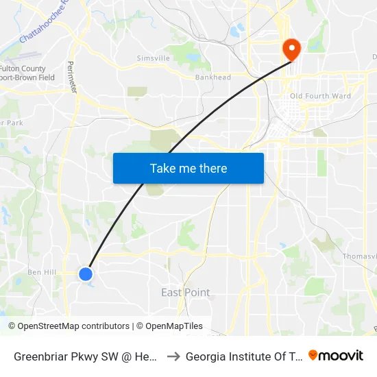 Greenbriar Pkwy SW @ Headland Dr SW to Georgia Institute Of Technology map