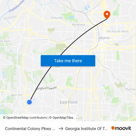 Continental Colony Pkwy SW @ 3030 to Georgia Institute Of Technology map