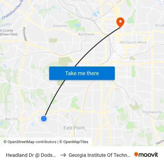 Headland Dr @ Dodson Dr to Georgia Institute Of Technology map