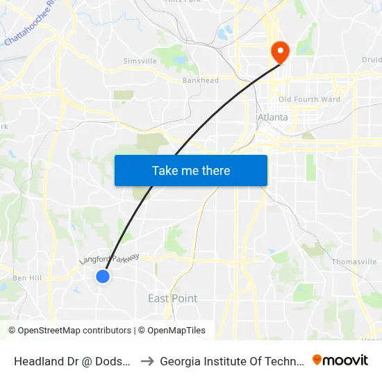 Headland Dr @ Dodson Dr to Georgia Institute Of Technology map