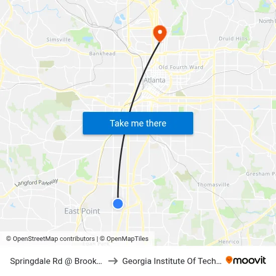 Springdale Rd @ Brookdale Dr to Georgia Institute Of Technology map