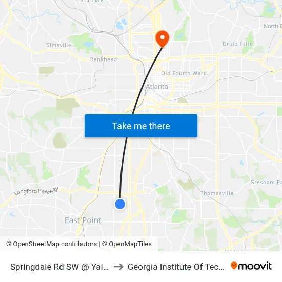 Springdale Rd SW @ Yale Pl SW to Georgia Institute Of Technology map